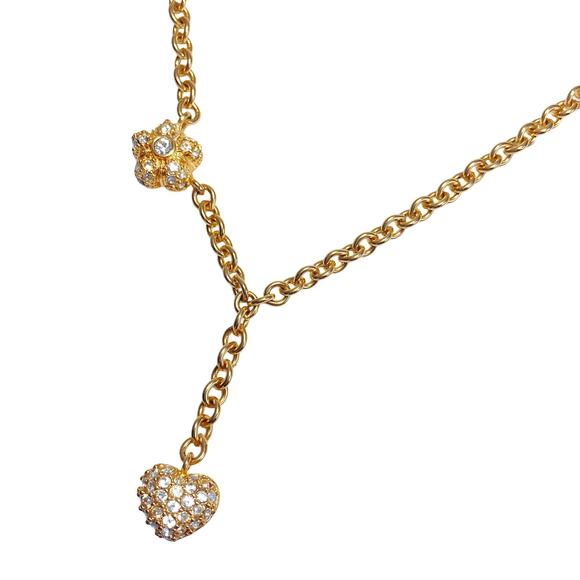 Vintage Gold Tone Pavé Heart Y Necklace with Crystal Floral Station - Picture 5 of 11